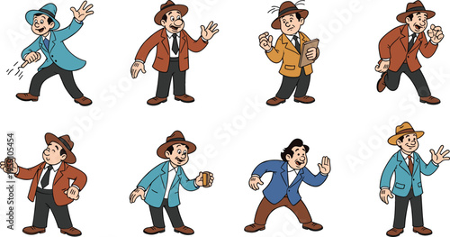 Cartoon detective character set in vintage style with different poses and actions, classic investigator illustrations wearing hat and coat in retro comic design