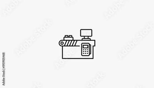 Cashier counter with conveyor belt, monitor, and payment terminal icon