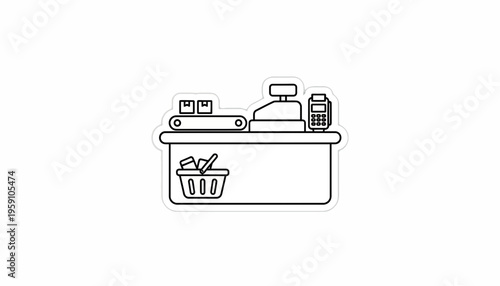 Cashier counter with conveyor belt, scanner, payment terminal, and shopping basket