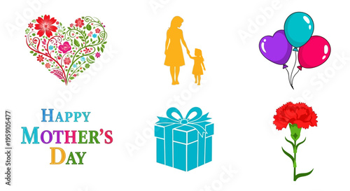Mother's Day celebration graphics with flowers, gifts, and loving moments