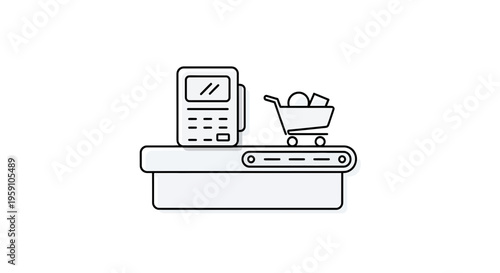 Cashier machine and shopping cart on conveyor belt, retail checkout concept