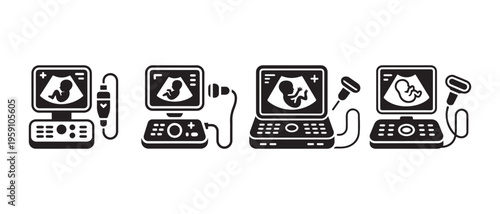Ultrasound Machine Icons. with Fetal Images on Screen, Illustrating Prenatal Diagnostic Technology and Pregnancy Care.
