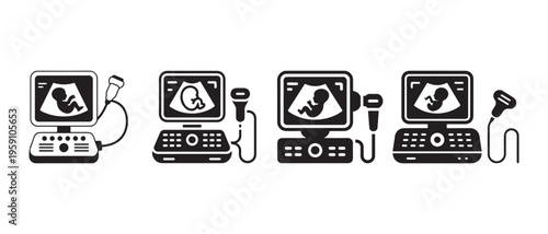 Ultrasound Machine Icons Set. Medical Diagnostics for Pregnancy with Fetus Scans. Graphic Vector Illustrations of Prenatal Care Devices.