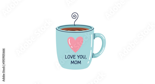A light blue coffee mug with a pink heart and love you mom text