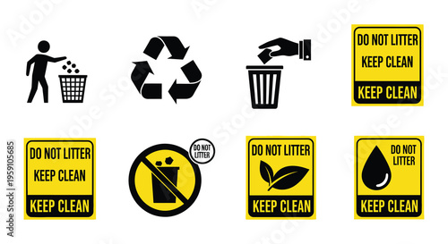 Icons depicting waste disposal cleaning and a do not litter sign