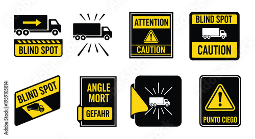 Various warning signs depicting truck blind spots and potential dangers