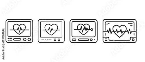 Clean Line Art Heart Rate Monitor and ECG Display Icons Set, depicting medical vital signs and heartbeat waveforms.