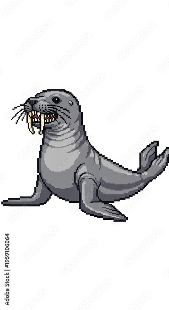 Fototapeta premium Pixel art illustration depicts a marine mammal with prominent tusks resting on a solid background.