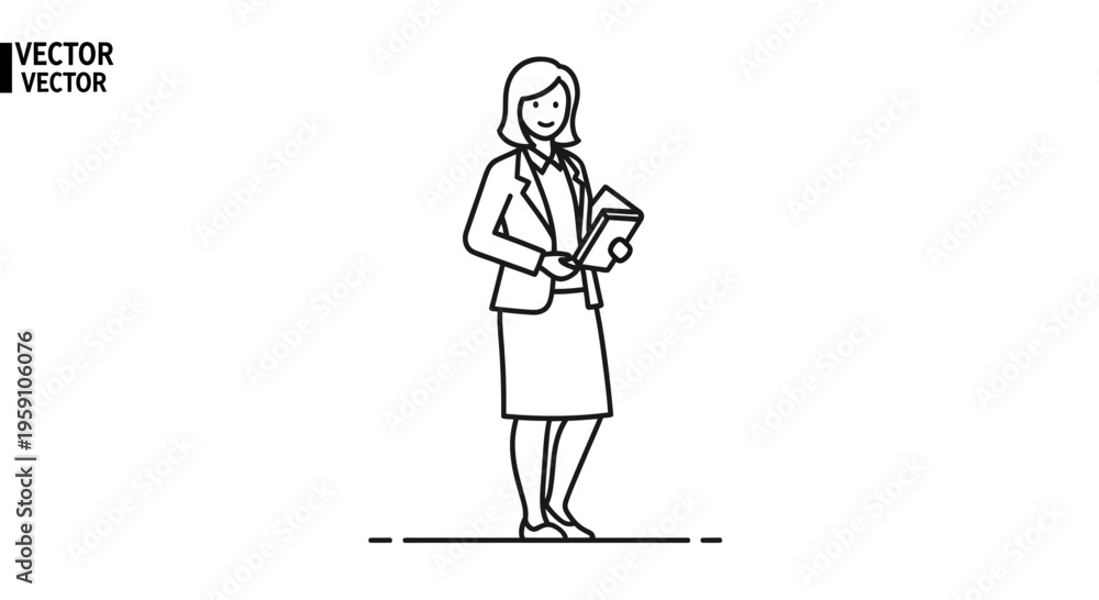 Fototapeta premium Businesswoman holding documents, standing professional woman, office worker, line art illustration