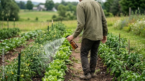 Fotografie Man spraying rows vegetable crops in summer field with homemade organic liquid f