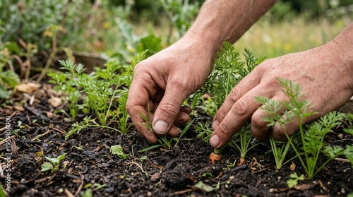Foto Close up hands weeding young carrot plants in organic garden soil during sunny d