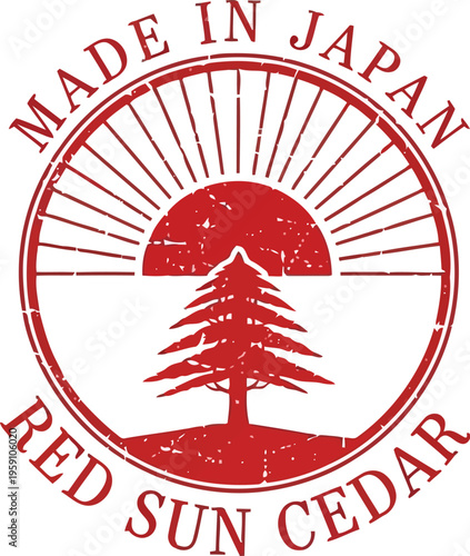 Made In Japan Red Sun Cedar Vintage Rubber Stamp Style Vector Emblem Design Logo Element