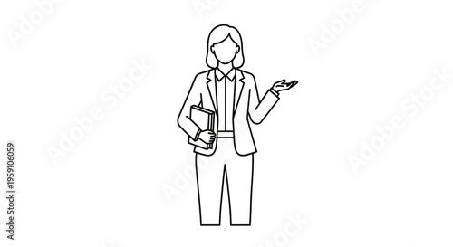 Businesswoman holding book, gesturing with hand, professional illustration