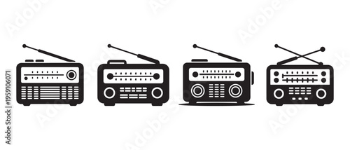 Collection of vintage radio icons, retro analog receivers with antennas, isolated on white background.