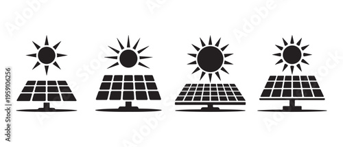 Solar Panel Icons Set with Sun, Representing Renewable Energy and Sustainable Technology in a Clean Flat Design.