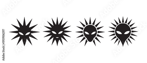 Set of alien and sun-like creature icons with radiating spiky elements and intense eyes, black silhouette on white background.