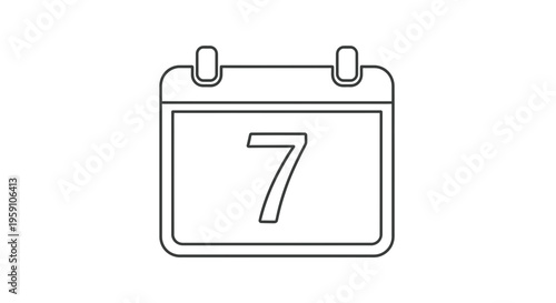 Calendar Page Icon with Number 7, Simple Outline Design, Isolated on White Background