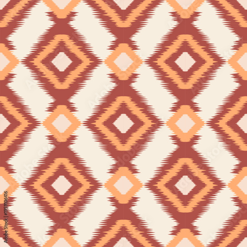 Warm Ikat Diamond Pattern Seamless Background Not AI Generated.Warm-toned ikat diamond pattern with soft transitions for textile design.