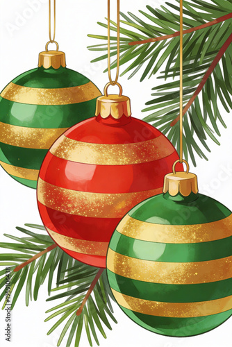 Red and Green Christmas Baubles with Gold Stripes Hanging on Pine Branches Festive Illustration