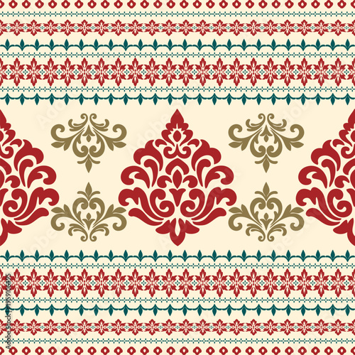 Vintage Damask Border Pattern Seamless Classic Design Not AI Generated.Elegant vintage damask border pattern ideal for wallpaper and textile use.