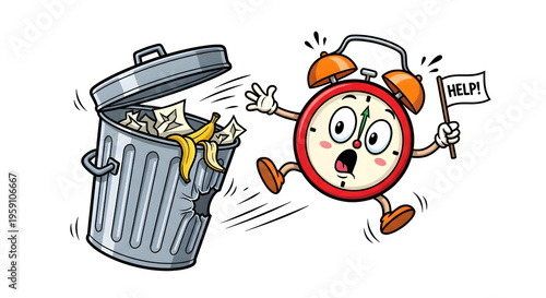 A cartoon alarm clock character is seen running away from a trash can with a shocked expression on its face.