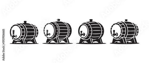 Classic wooden barrels with taps, a monochrome vector illustration isolated on a white background.