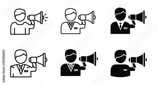 Three people speaking into megaphones in varying black and white styles