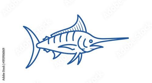 Blue Marlin Fish Outline Drawing, Marine Life, Ocean Predator, Sport Fishing Icon