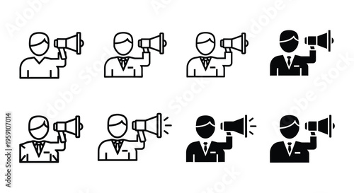 Three people speaking into megaphones in varying black and white styles