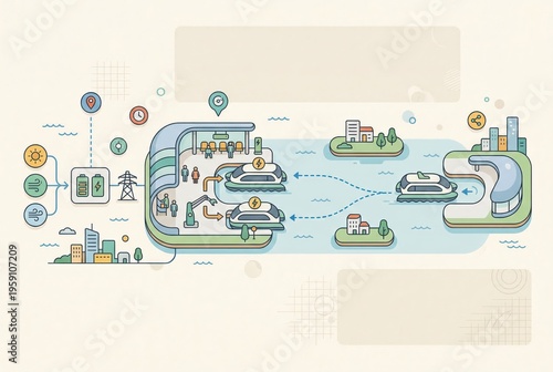 Innovative urban transportation network illustrating electric ferries and sustainable energy usage featuring a modern design and seamless integration with city infrastructure