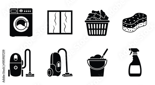 Black silhouette icons depicting various household cleaning appliances and tools