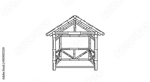 Bamboo Gazebo Outline Drawing, Tropical Outdoor Structure, Summer House Design