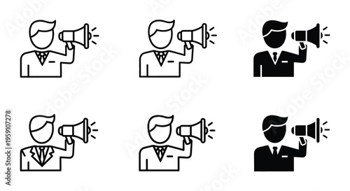 Three people speaking into megaphones in varying black and white styles