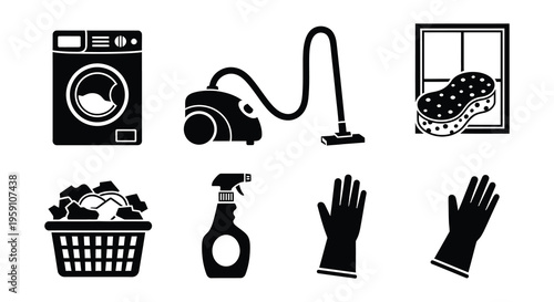 Black silhouette icons depicting various household cleaning appliances and tools