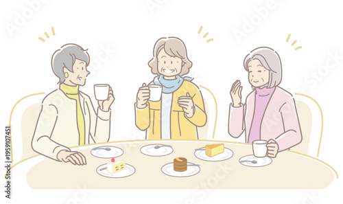 カフェでお茶会を楽しむシニア女性たちのイラスト、女子会