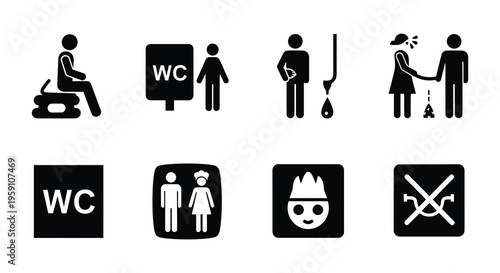Bathroom icons depict various restroom activities and hygiene practices