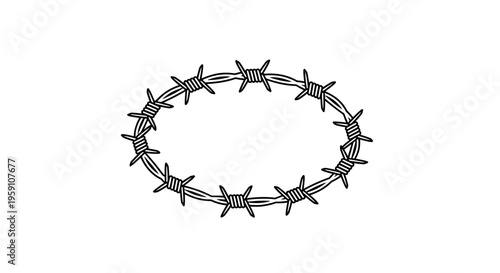 Barbed Wire Wreath Circle Shape, Danger Symbol, Protection Barrier, Sharp Spikes