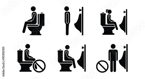 Bathroom icons depict various restroom activities and hygiene practices