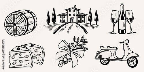 Italian themed sketch featuring wine cheese a villa and a scooter