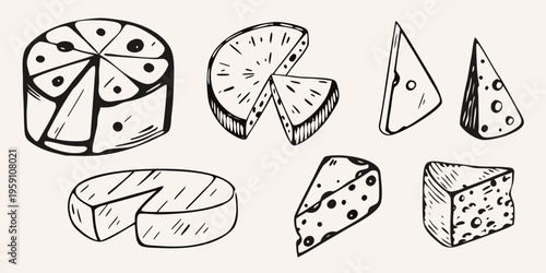 Hand drawn illustration of various cheese types in black and white
