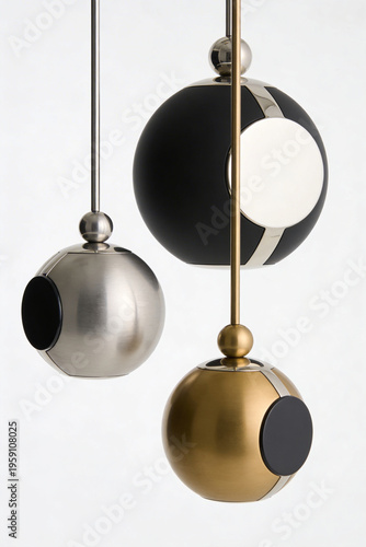 Set of Three Modern Spherical Pendant Lamps Silver Gold and Black