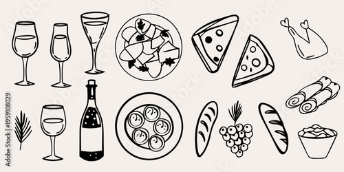 A charming doodle illustration of wine cheese and various appetizers
