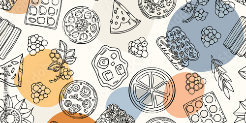 A colorful hand drawn pattern of cheese fruit and floral elements