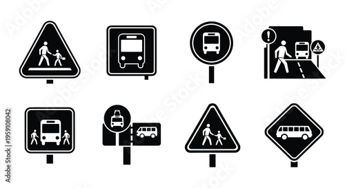 Bus and pedestrian safety signs emphasizing distance and awareness