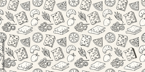 Hand drawn pattern of cheese fruit and sandwiches on a beige background
