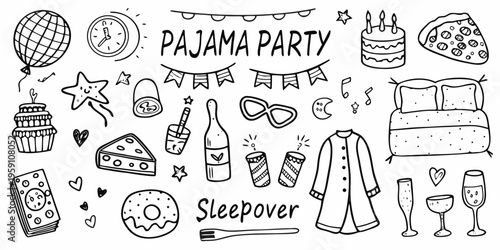 Whimsical illustration of a pajama party with treats decorations and sleepwear