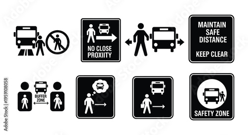 Bus and pedestrian safety signs emphasizing distance and awareness