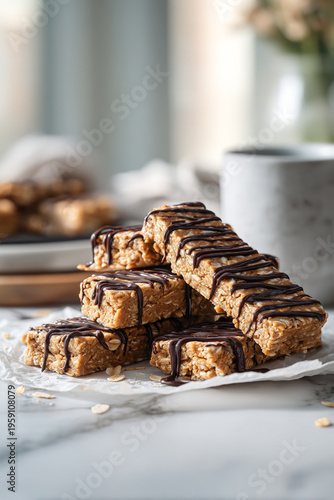 homemade protein bars stacked on parchment paper