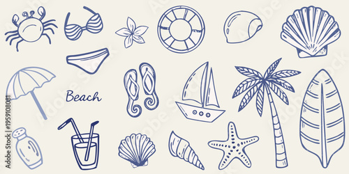 A collection of hand drawn beach themed illustrations in blue lines