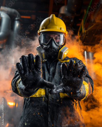 industrial worker, wearing long black PVC chemical resistant gloves, hands extended forward clearly showing the gloves